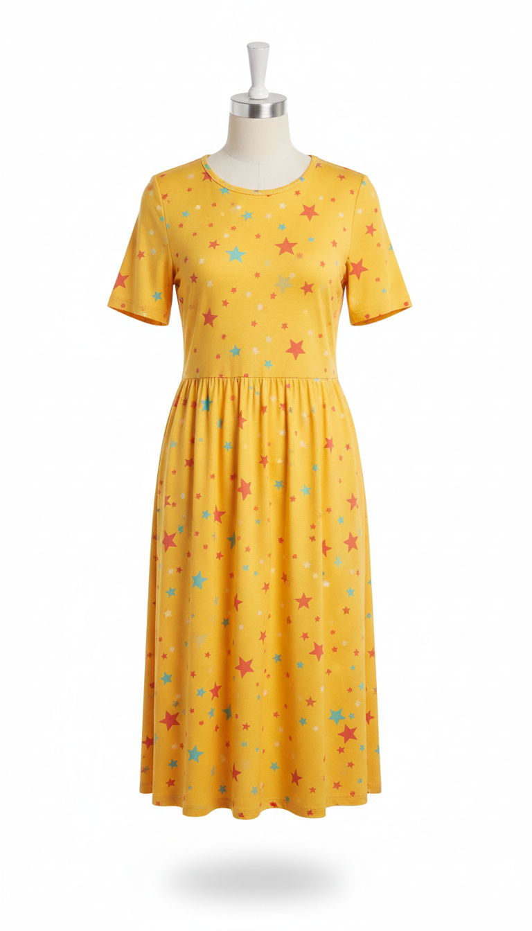 Vestido amarelo com estampa de estrelas