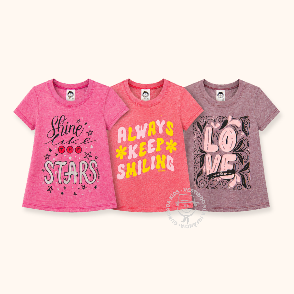 Kit 3 Peças - Camiseta Infantil Mescla Meia Manga Com Estampa Frontal - 1 ao 3 - Cores/Estampas Sortidas