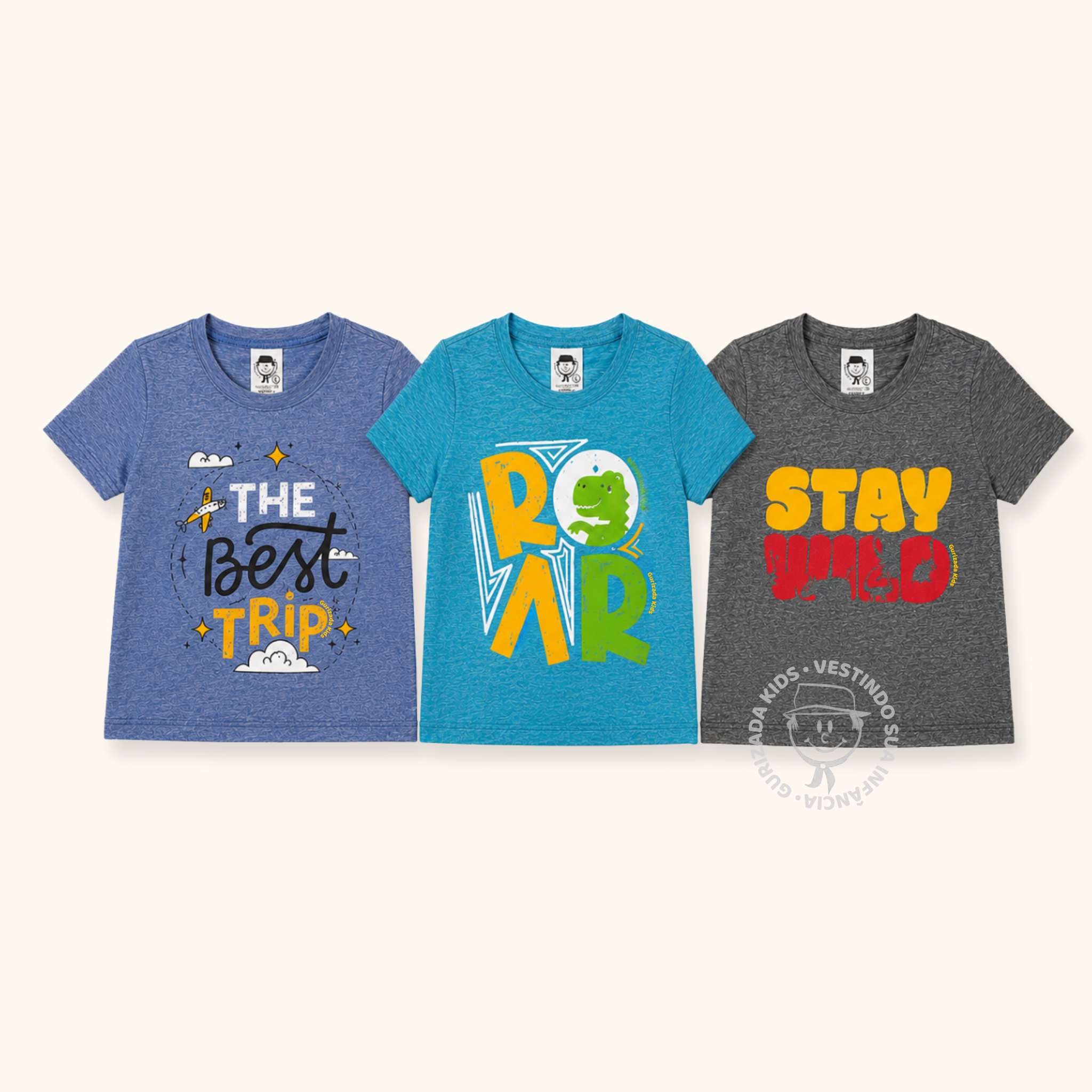 Kit 3 Peças - Camiseta Infantil Mescla Meia Manga Com Estampa Frontal - 1 ao 3 - Cores/Estampas Sortidas