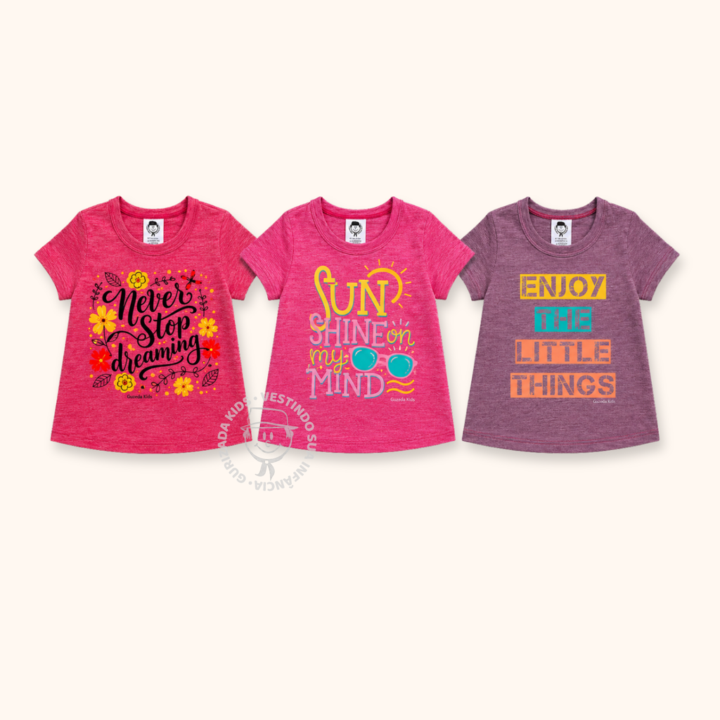 Kit 3 Peças - Camiseta Infantil Meia Manga Com Estampa Frontal - 4 ao 8 - Cores/Estampas Sortidas