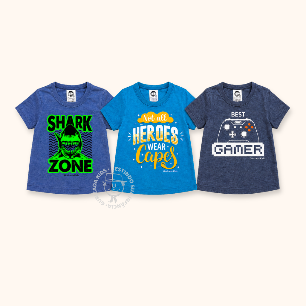 Kit 3 Peças - Camiseta Infantil Meia Manga Com Estampa Frontal - 4 ao 8 - Cores/Estampas Sortidas
