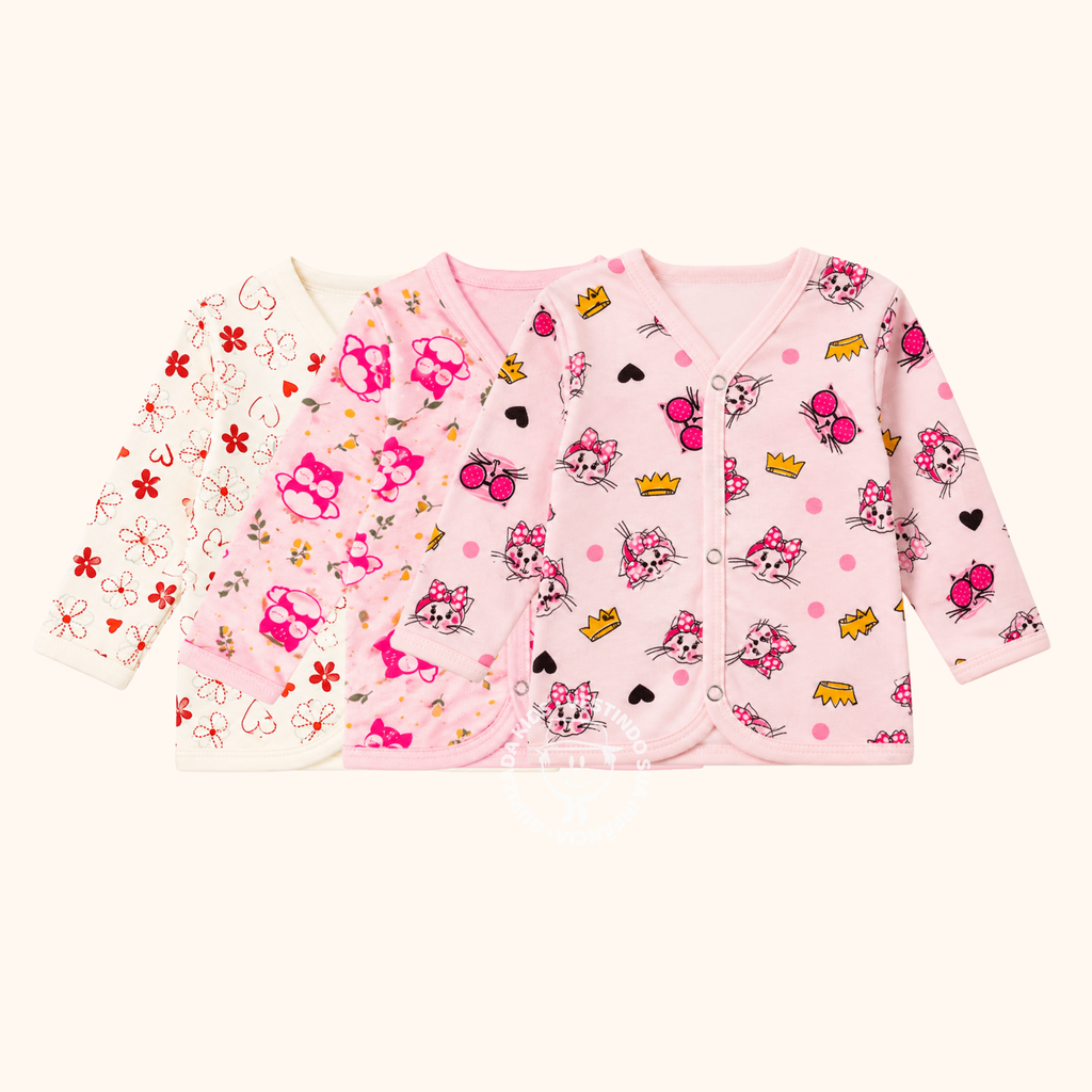 Kit 3 Peças - Camiseta Manga Longa em Meia Malha com Botões - 1 ao 3 - Cores/Estampas Sortidas