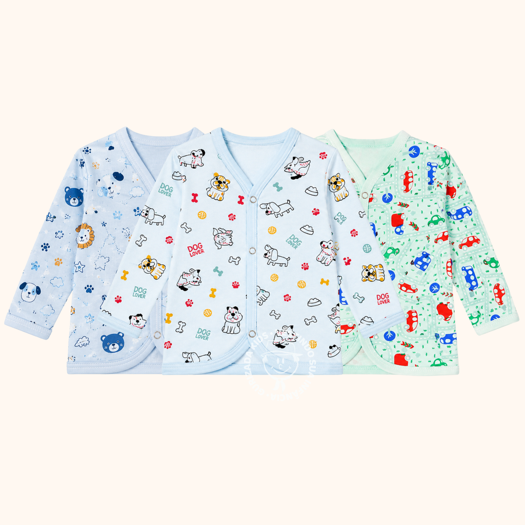 Kit 3 Peças - Camiseta Manga Longa em Meia Malha com Botões - 1 ao 3 - Cores/Estampas Sortidas