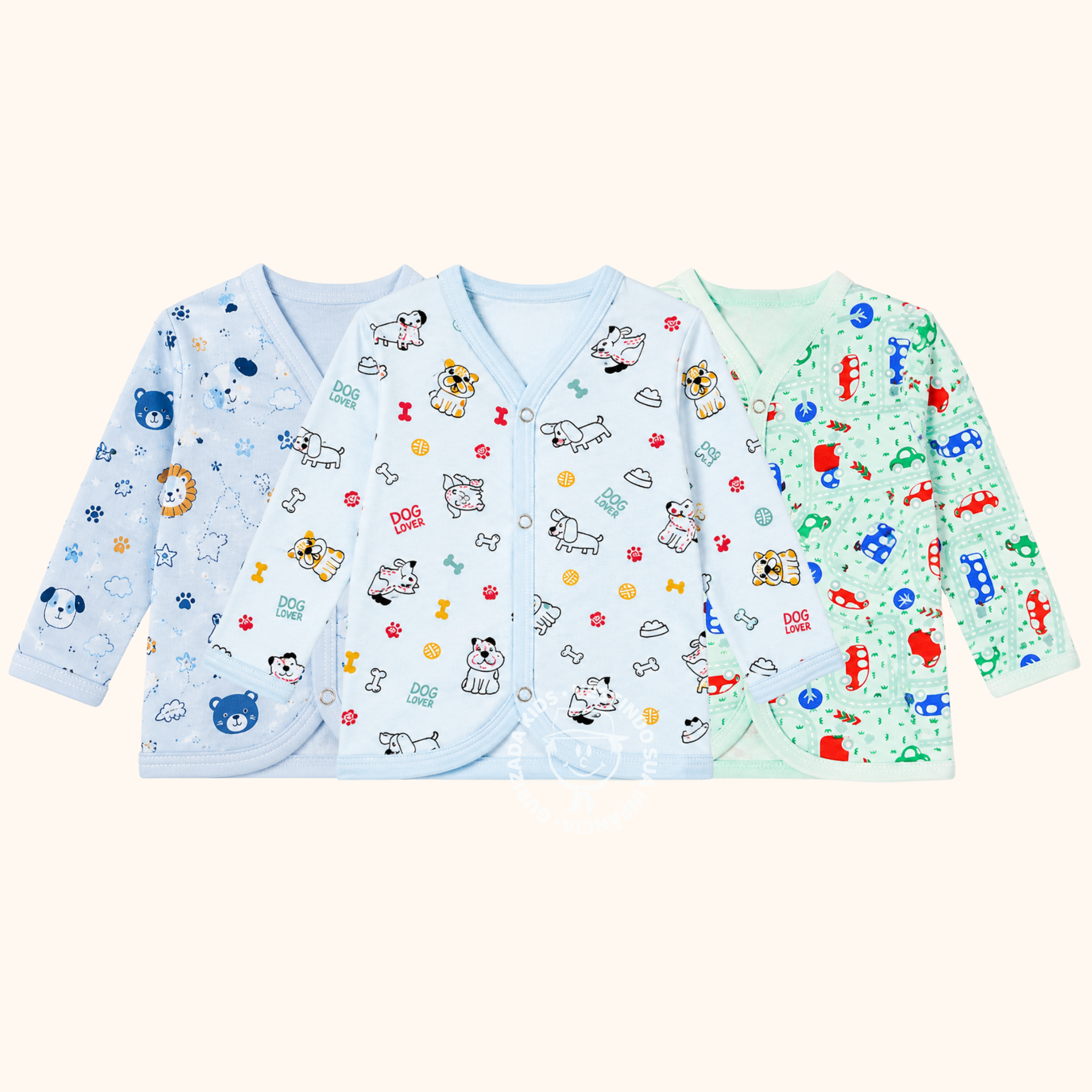 Kit 3 Peças - Camiseta Manga Longa em Meia Malha com Botões - 1 ao 3 - Cores/Estampas Sortidas