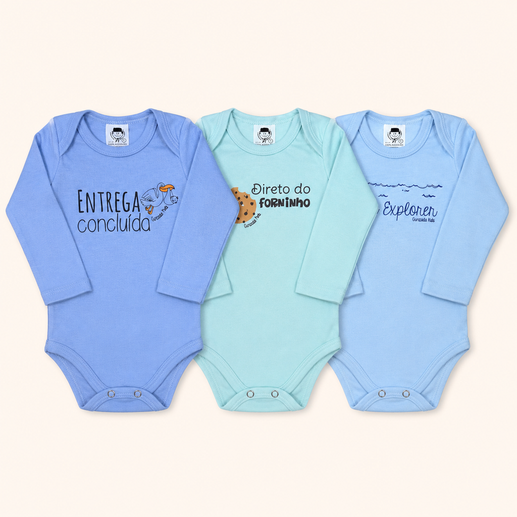 Kit 3 Peças, Body Suedine Frases Manga Longa, P ao GG - Cores/Estampas Sortidas