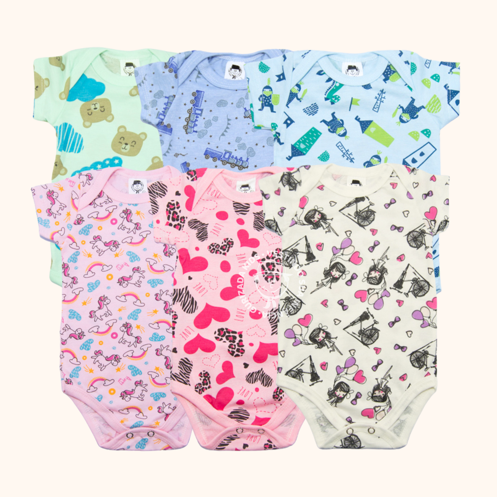 Kit 3 Peças, Body Suedine Estampado Meia Manga, RN ao GG - Cores/Estampas Sortidas