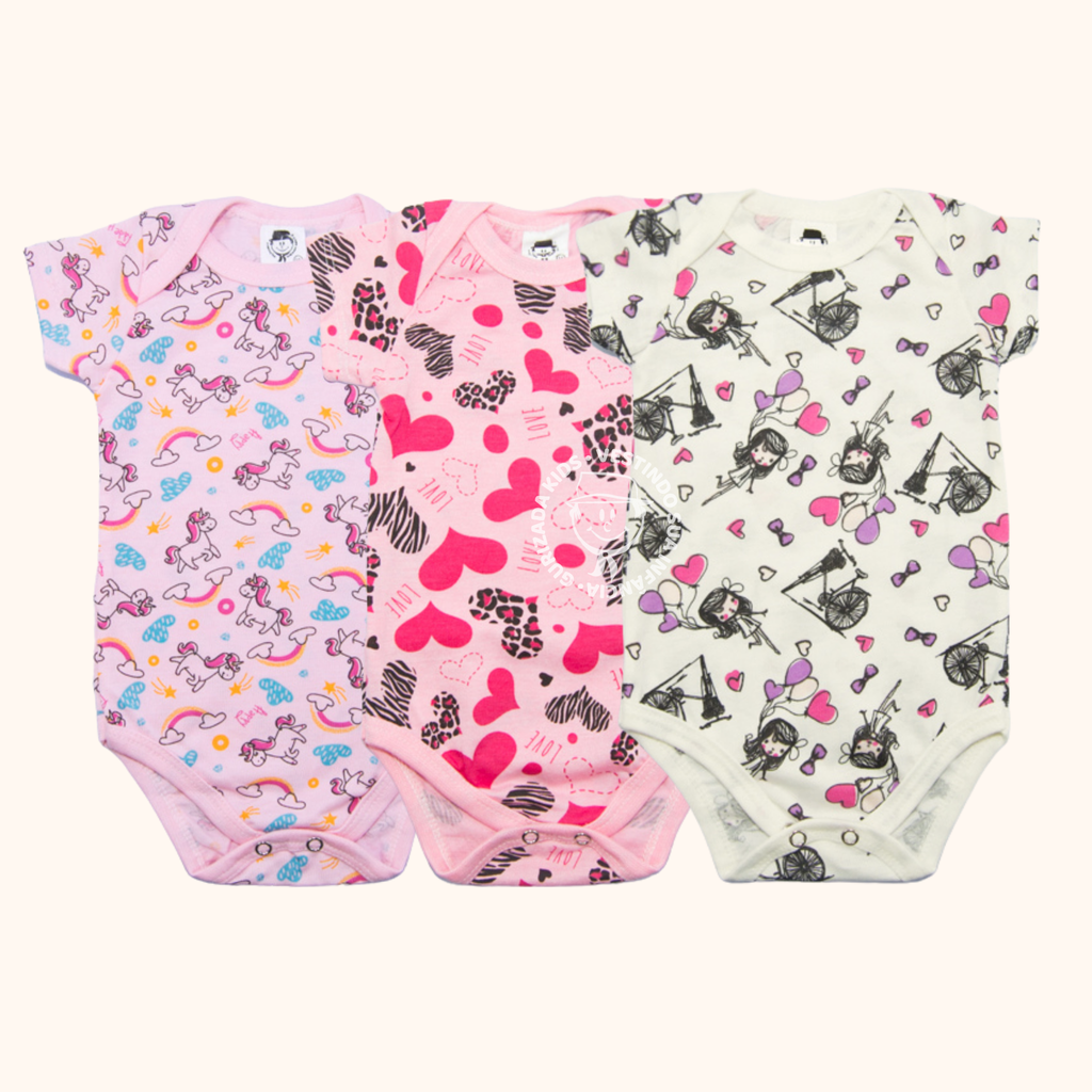 Kit 3 Peças, Body Suedine Estampado Meia Manga, RN ao GG - Cores/Estampas Sortidas