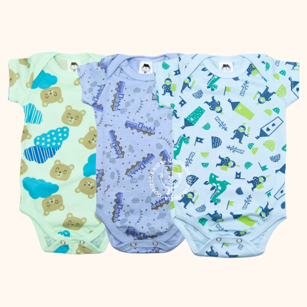 Kit 3 Peças, Body Suedine Estampado Meia Manga, RN ao GG - Cores/Estampas Sortidas