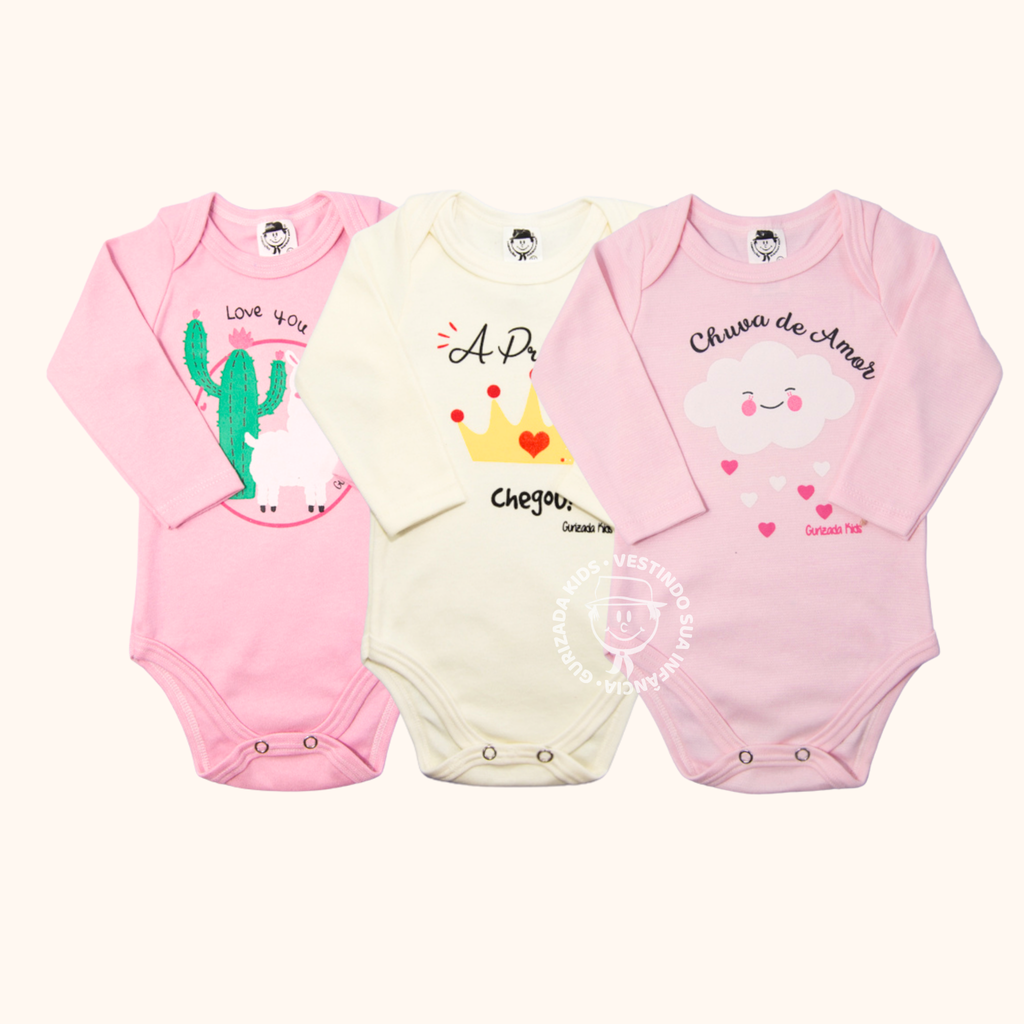 Kit 3 Peças, Body Suedine Manga Longa com Estampa Frontal, RN ao GG - Estampas Sortidas