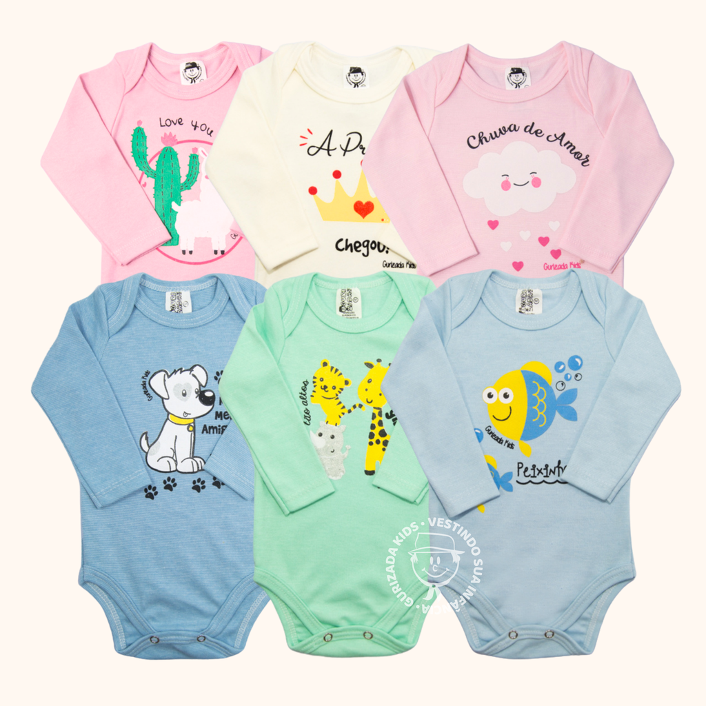 Kit 3 Peças, Body Suedine Manga Longa com Estampa Frontal, RN ao GG - Estampas Sortidas