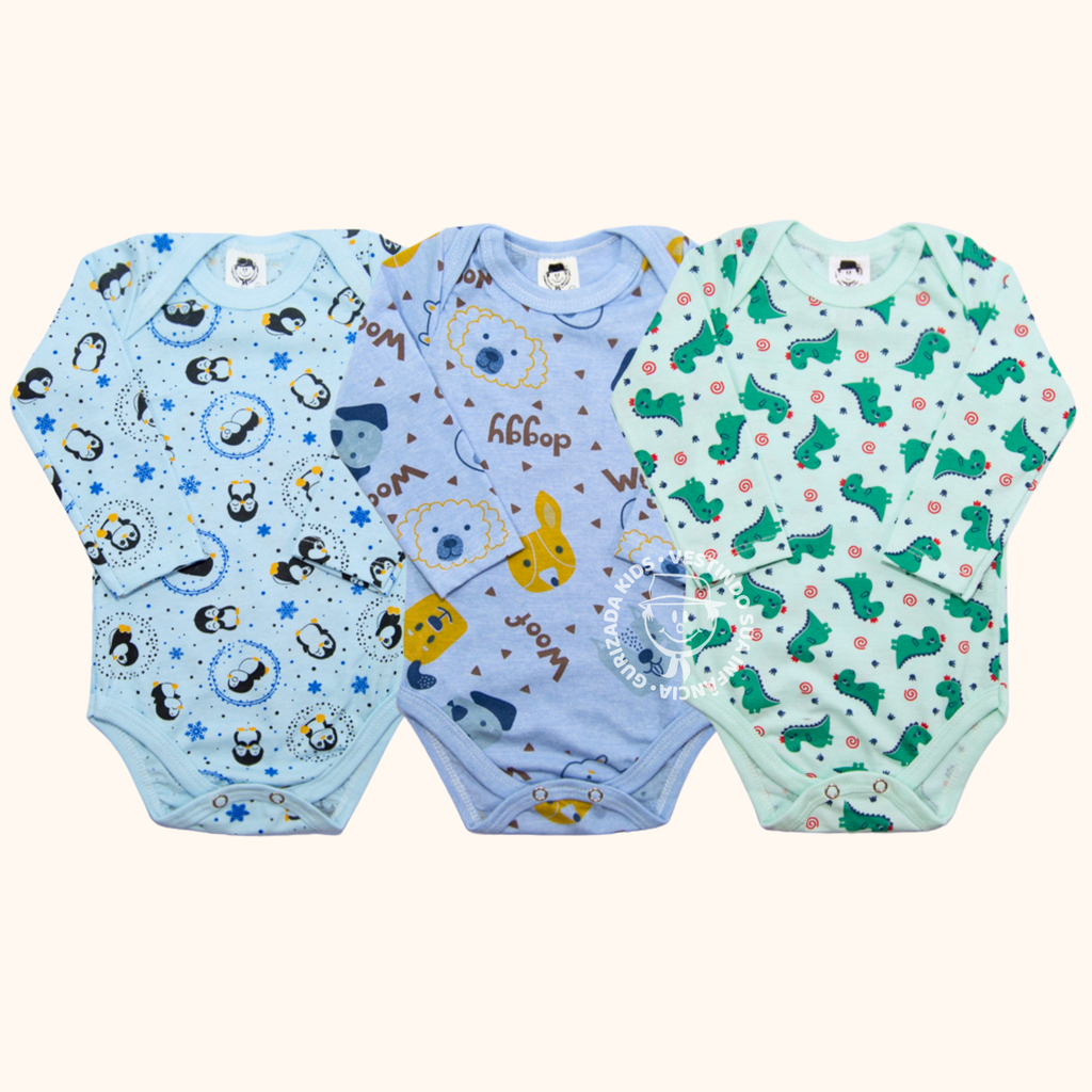 Kit 3 Peças, Body Suedine Estampado Manga Longa, RN ao GG - Cores/Estampas Sortidas