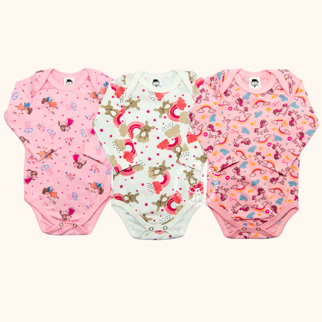 Kit 3 Peças, Body Suedine Estampado Manga Longa, RN ao GG - Cores/Estampas Sortidas
