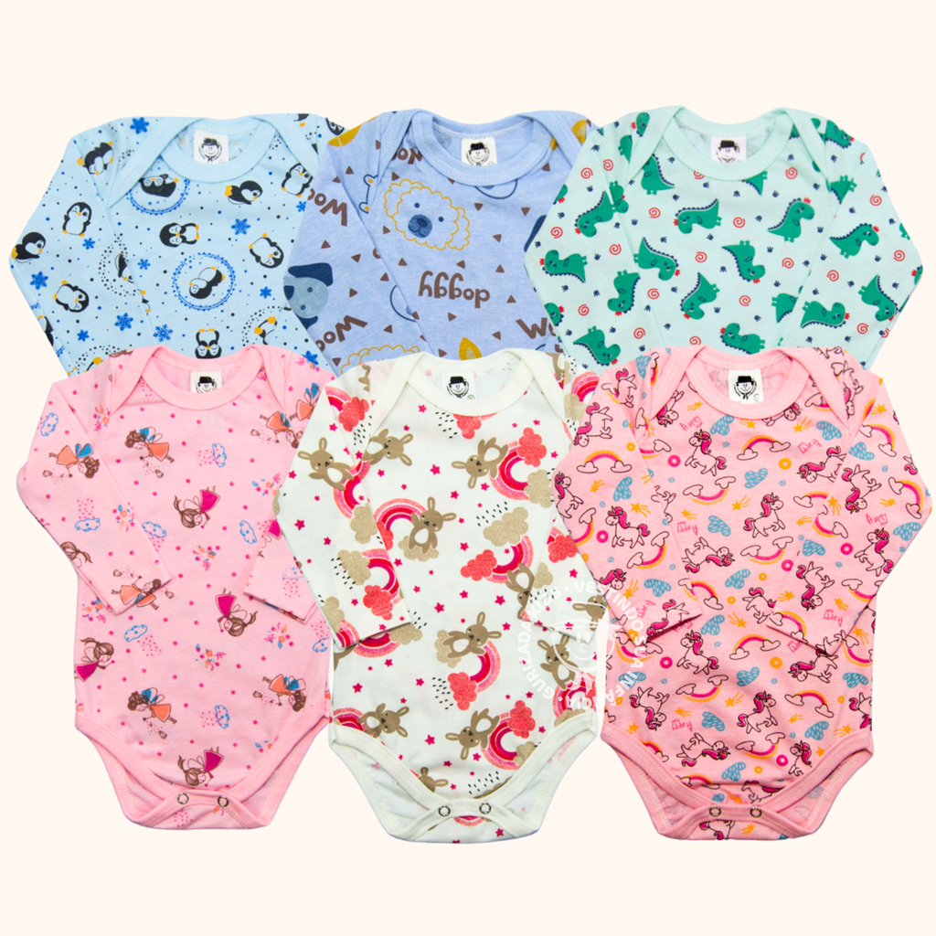 Kit 3 Peças, Body Suedine Estampado Manga Longa, RN ao GG - Cores/Estampas Sortidas