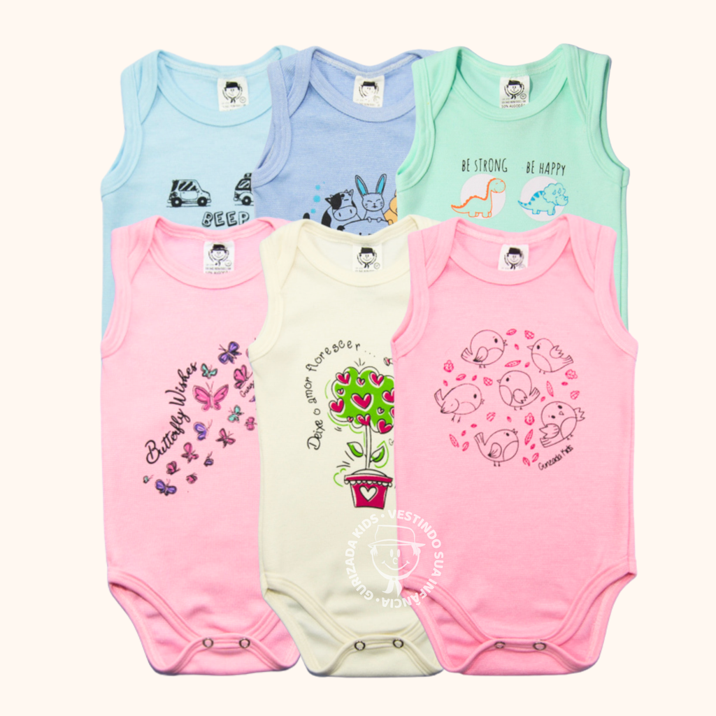 Kit 3 Peças - Body Regata em Suedine - RN ao GG - Estampas/Cores Sortidas