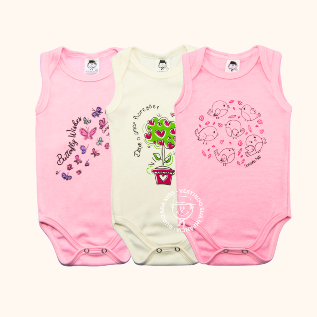 Kit 3 Peças - Body Regata em Suedine - RN ao GG - Estampas/Cores Sortidas