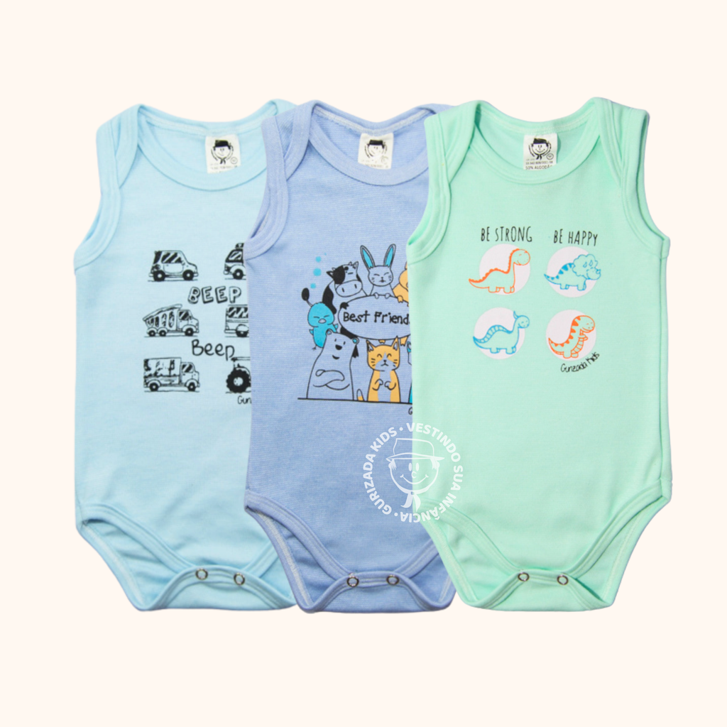 Kit 3 Peças - Body Regata em Suedine - RN ao GG - Estampas/Cores Sortidas