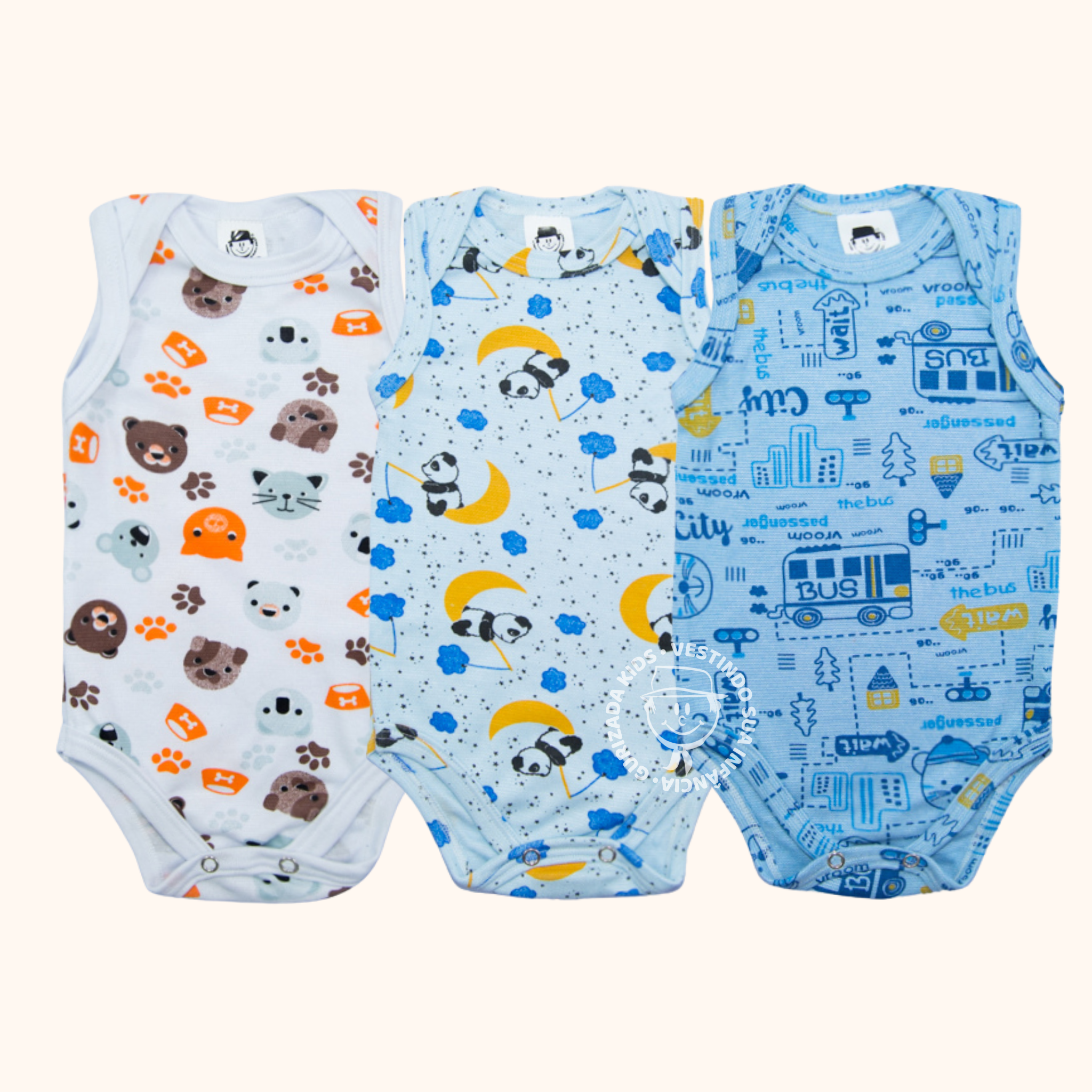 Kit 3 Peças - Body Baby Regata Em Suedine Estampado - RN ao GG - Estampas Sortidas