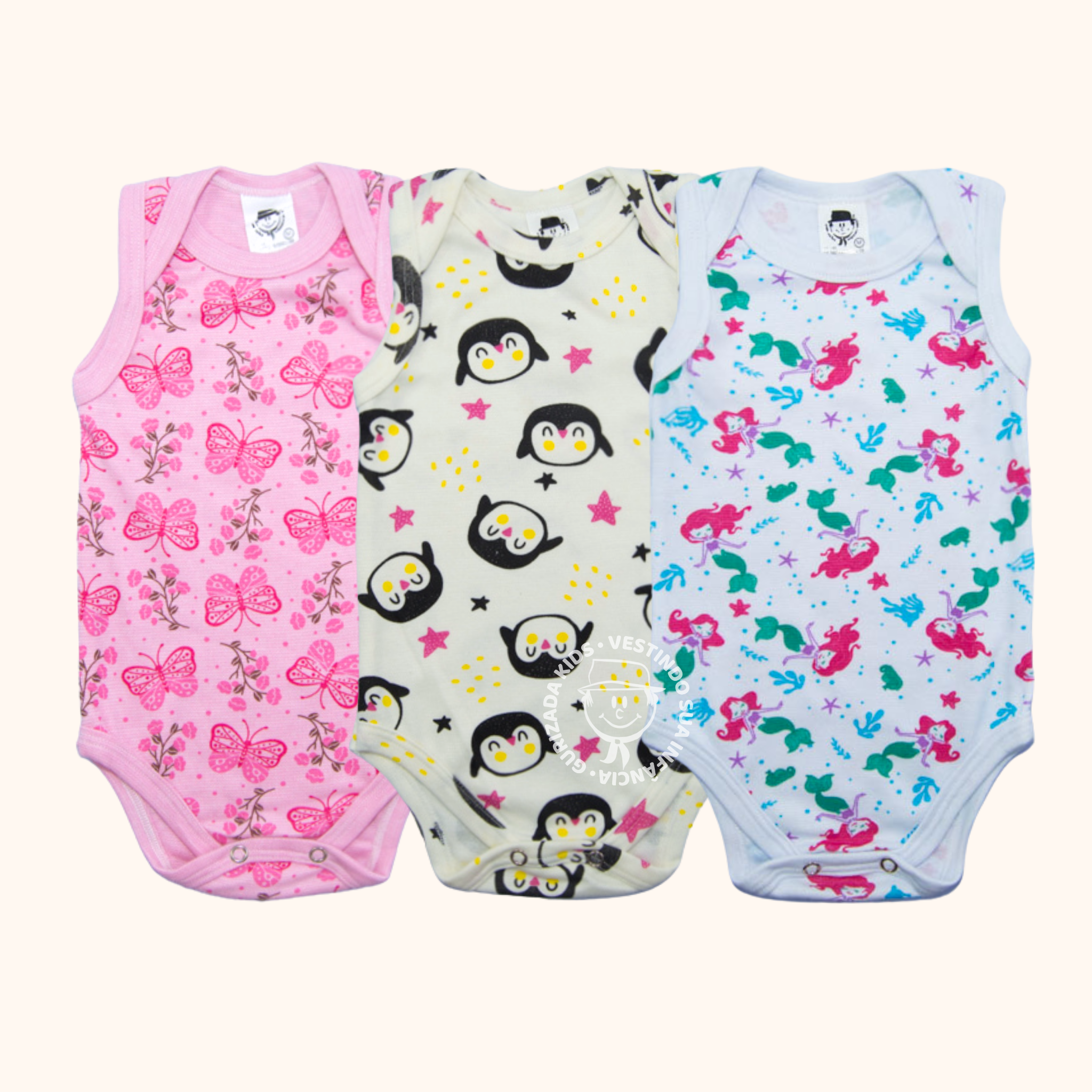 Kit 3 Peças - Body Baby Regata Em Suedine Estampado - RN ao GG - Estampas Sortidas