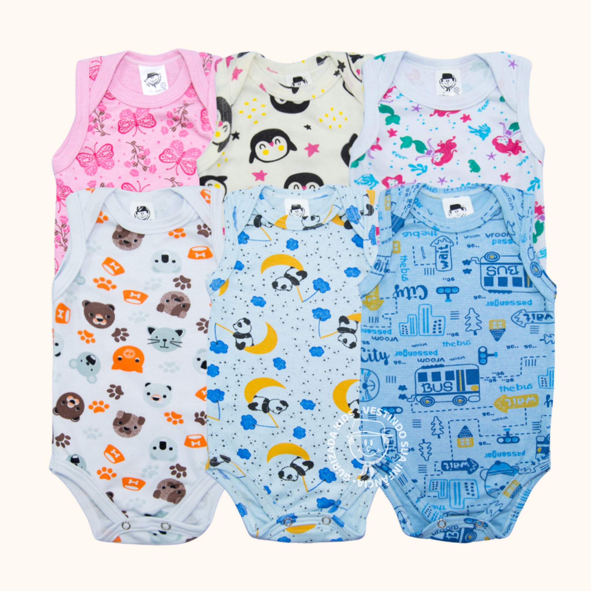 Kit 3 Peças - Body Baby Regata Em Suedine Estampado - RN ao GG - Estampas Sortidas