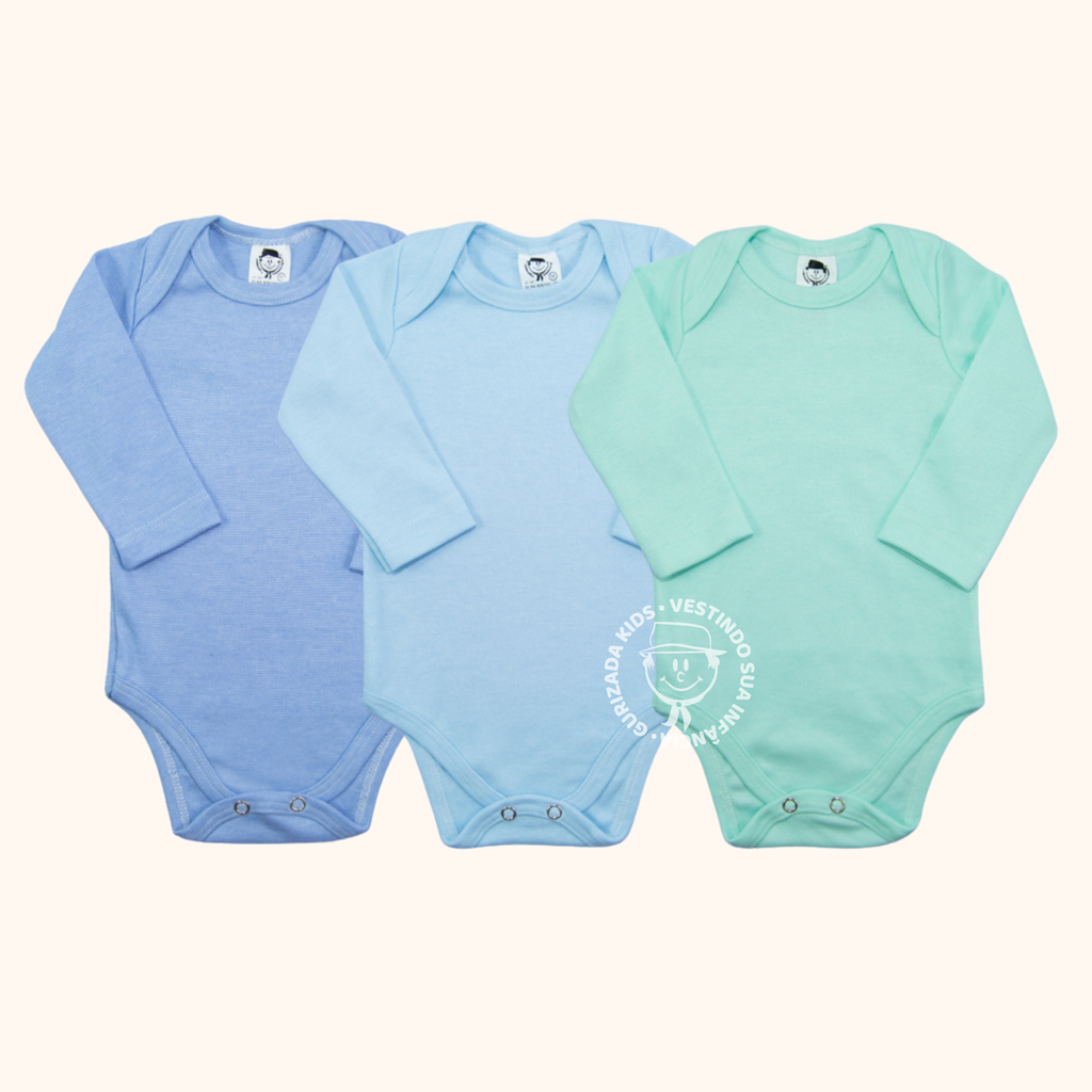 Kit 3 Peças, Body Suedine Manga Longa, RN ao GG - Cores/Estampas Sortidas