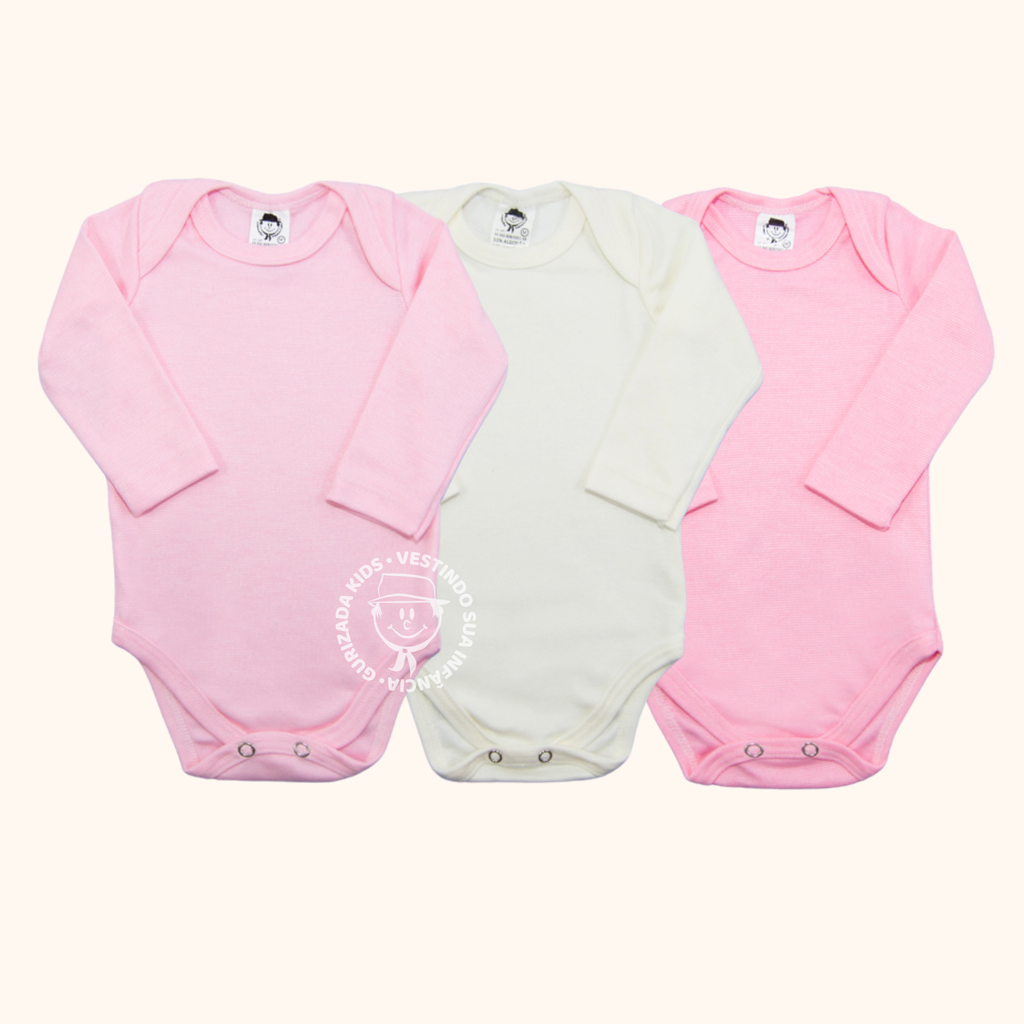 Kit 3 Peças, Body Suedine Manga Longa, RN ao GG - Cores/Estampas Sortidas
