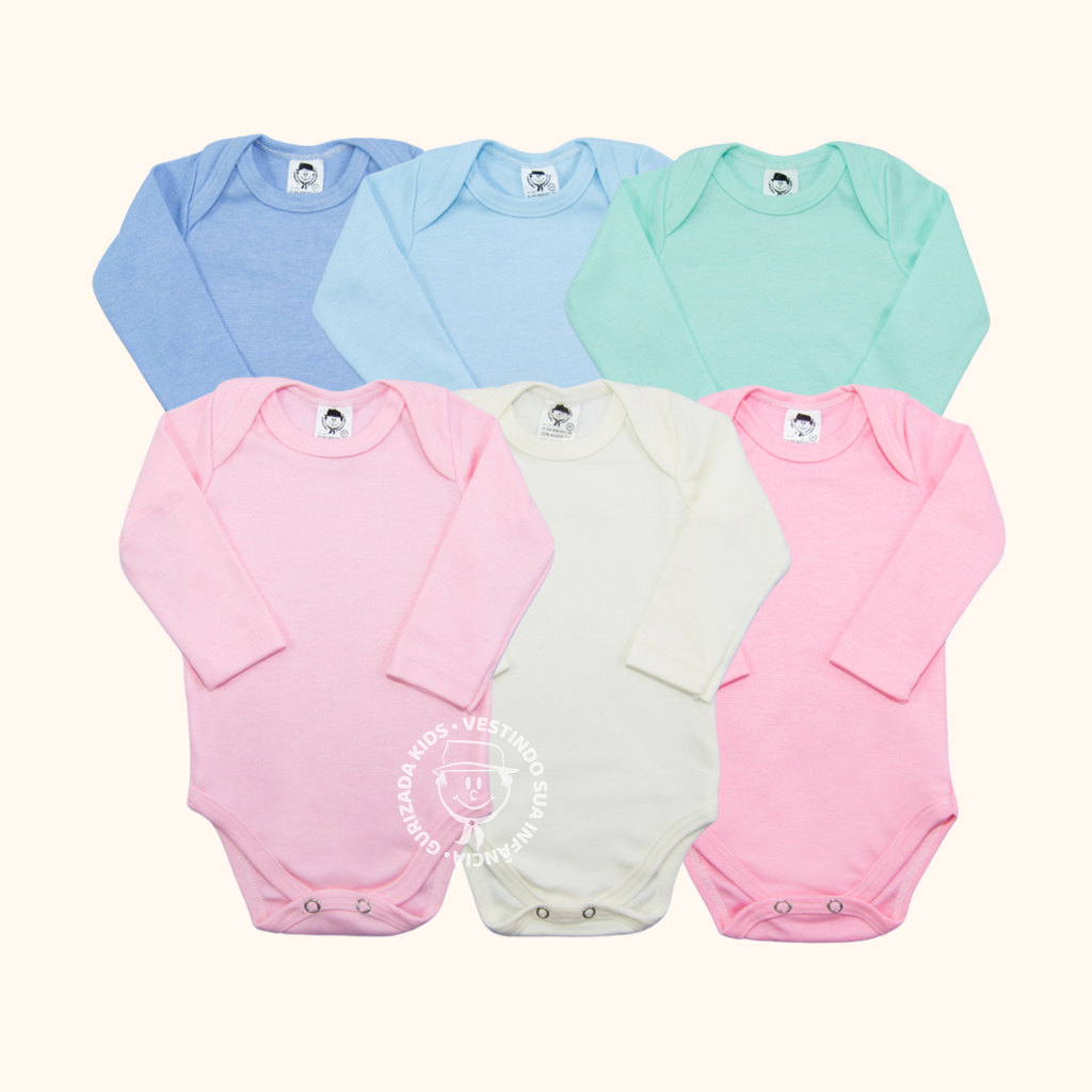 Kit 3 Peças, Body Suedine Manga Longa, RN ao GG - Cores/Estampas Sortidas
