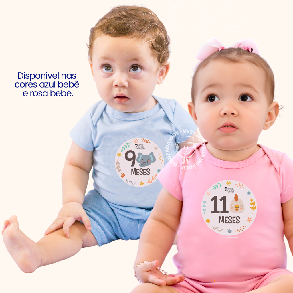 Kit Body Mesversário - 4 Bodies Meia Manga (P ao GG) +12 Adesivos Mês A Mês