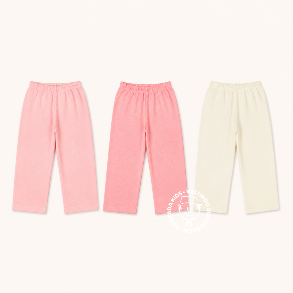 Kit 3 Peças - Calças Bebê Meia Malha Lisa- 1 ao 3 - Cores Diversas