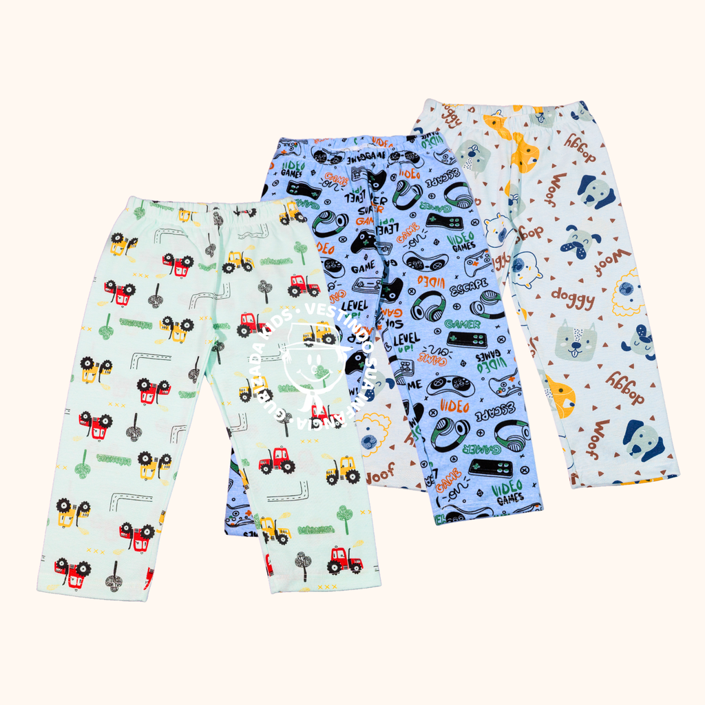 Kit 3 Peças - Calças Bebê Meia Malha Estampada - 1 ao 3 - Estampas/Cores Diversas