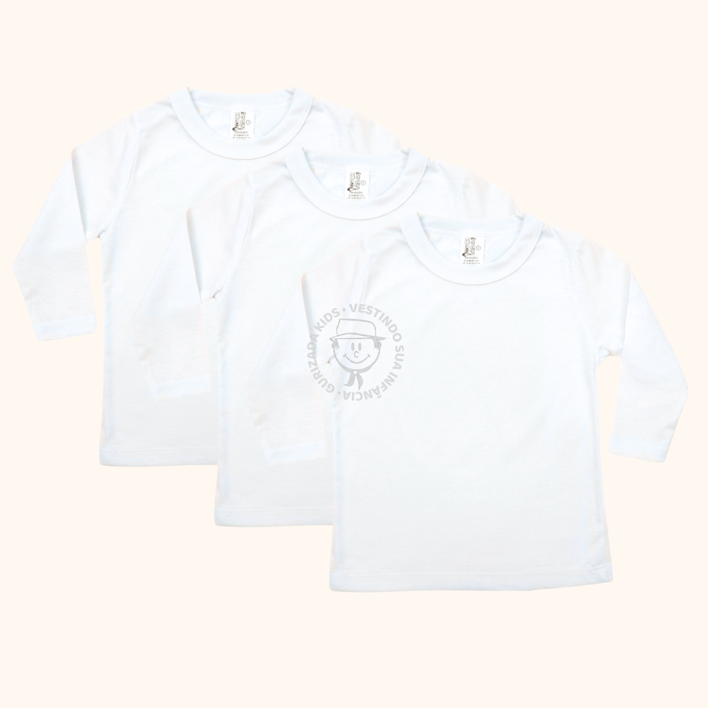 Kit 3 Peças - Camiseta Branca Escolar Manga Longa - 1 ao 3