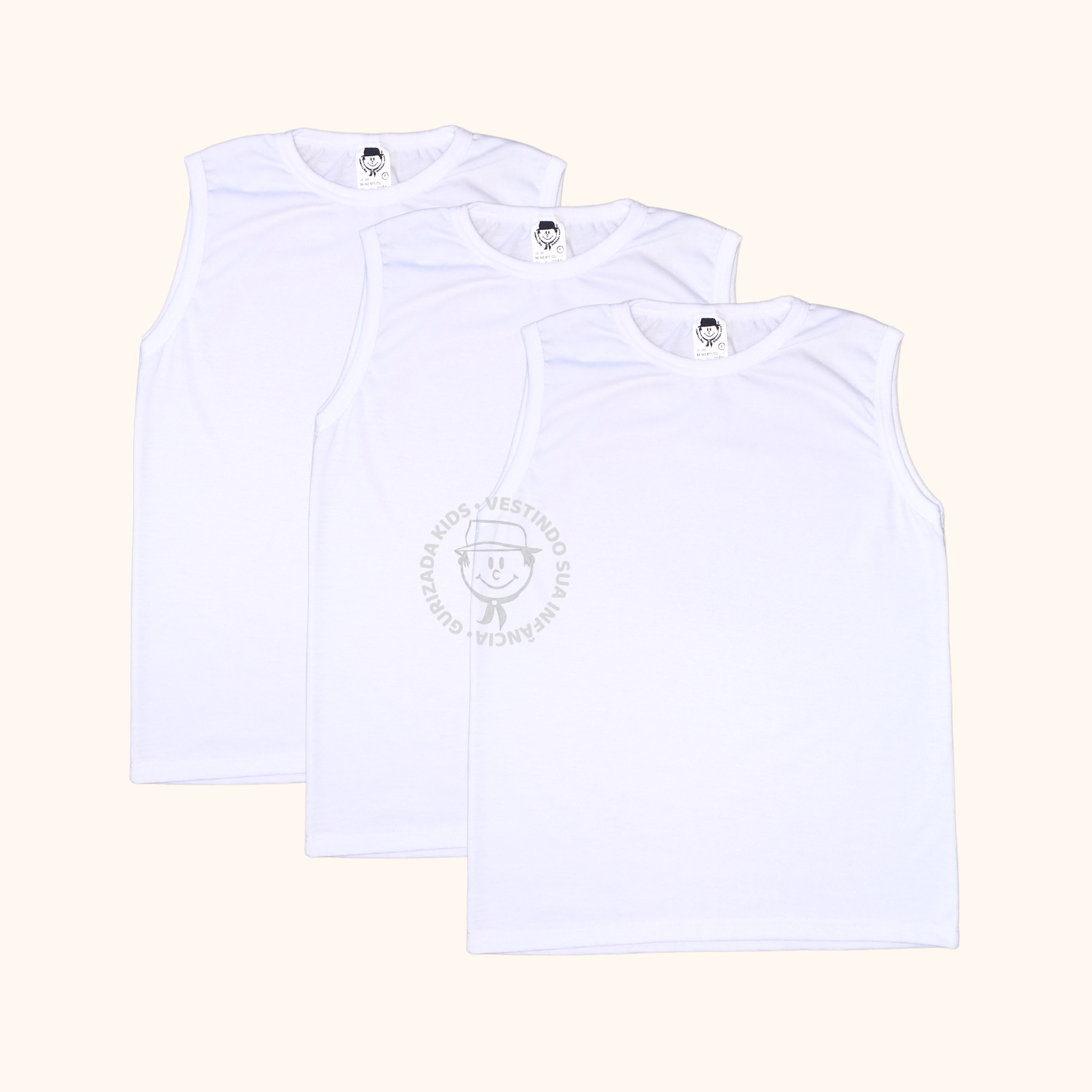 Kit 3 Peças - Camiseta Branca Escolar Unissex Regata - 4 ao 8