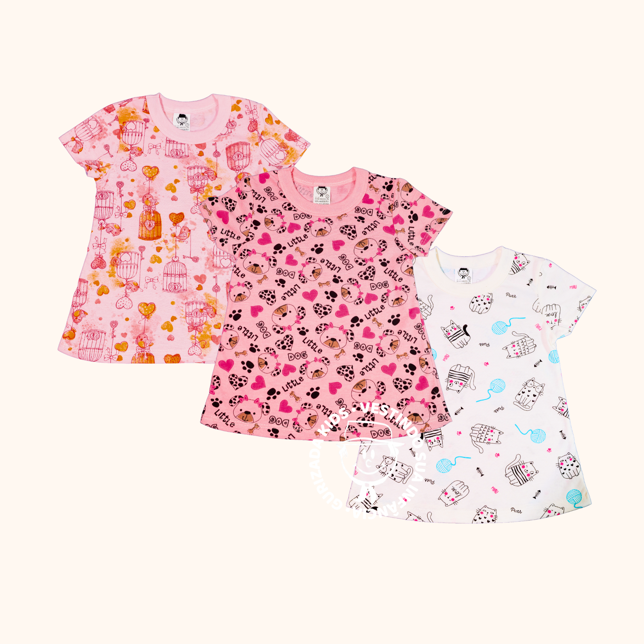 Kit 3 Camisetas Bebê Meia Malha Estampada - 1 ao 3 - Cores/Estampas Sortidas