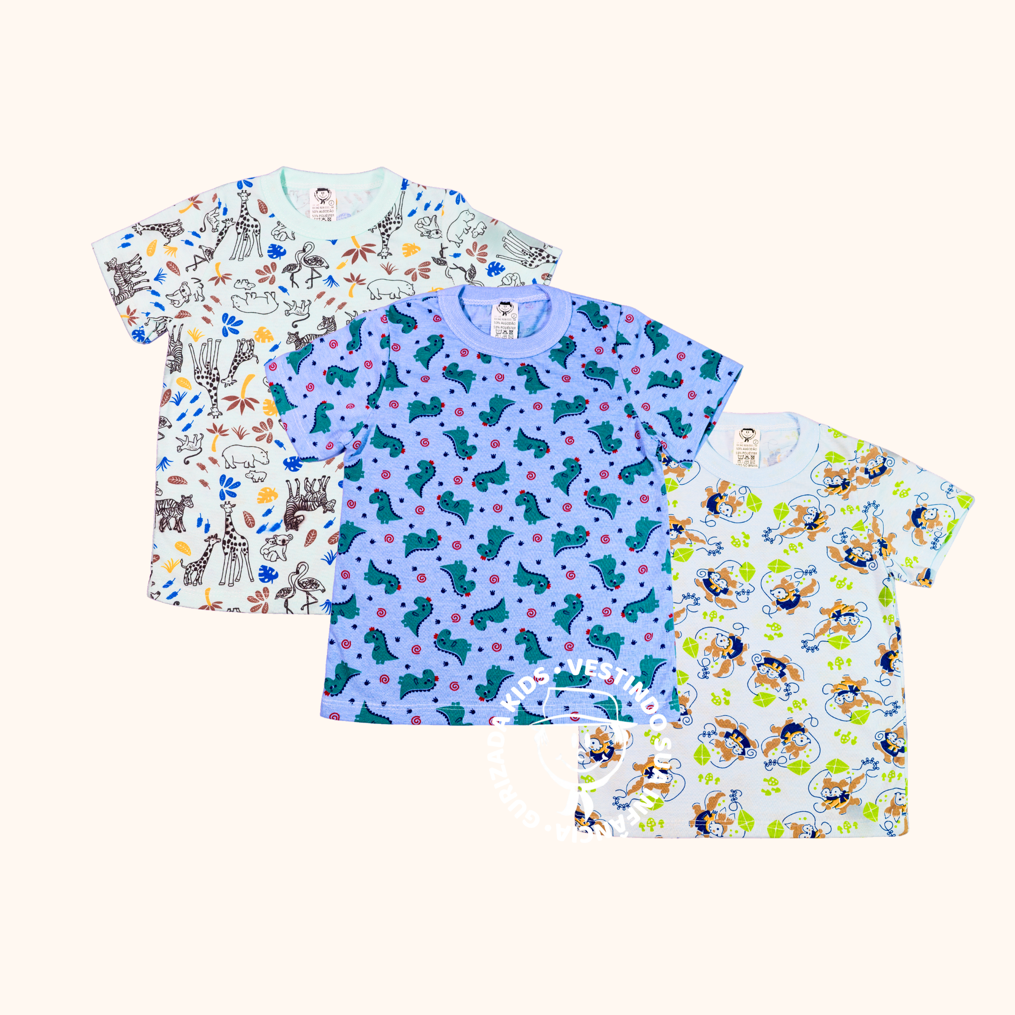 Kit 3 Camisetas Bebê Meia Malha Estampada - 1 ao 3 - Cores/Estampas Sortidas