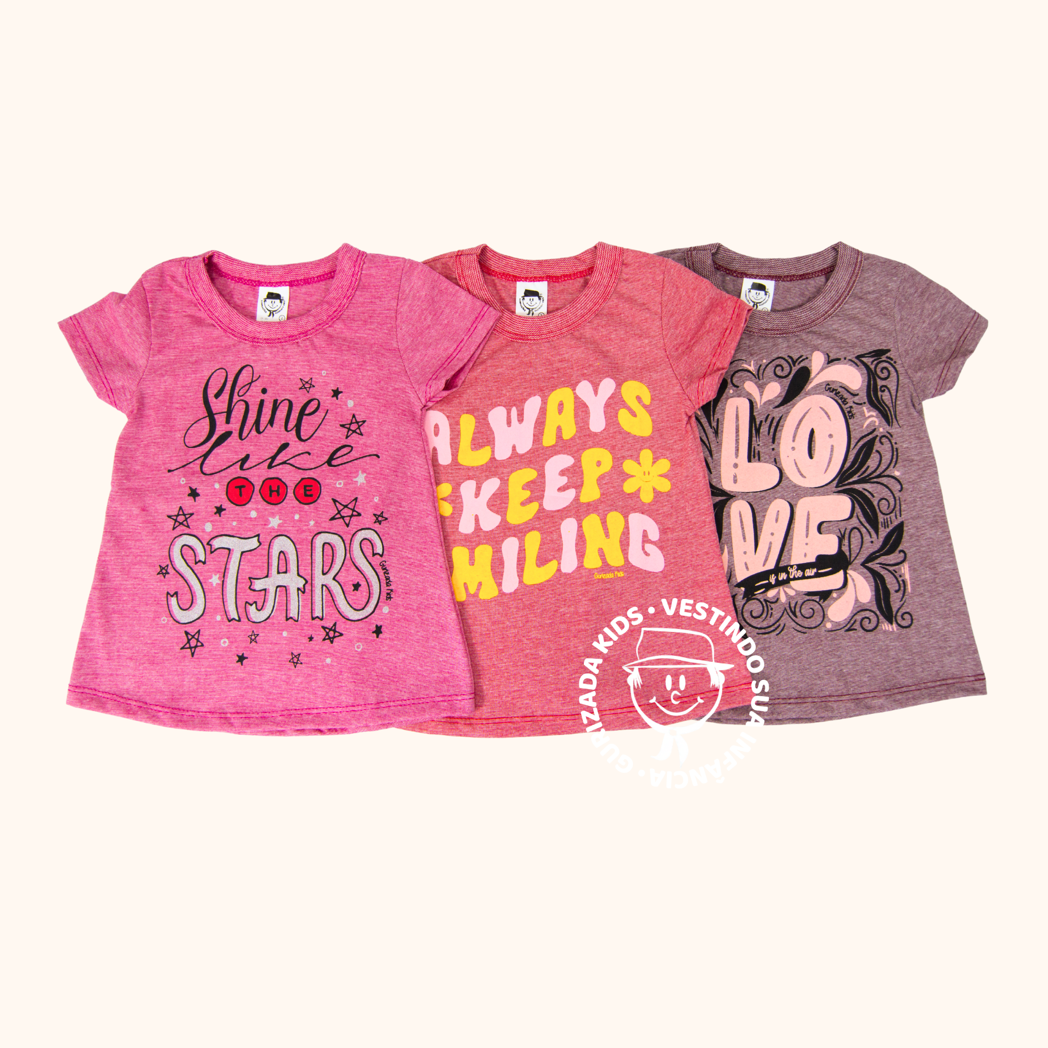 Kit 3 Peças - Camiseta Infantil Mescla Meia Manga Com Estampa Frontal - 1 ao 3
