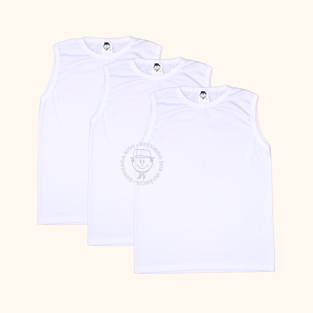 Kit 3 Peças - Camiseta Branca Escolar Unissex Regata - 1 ao 3
