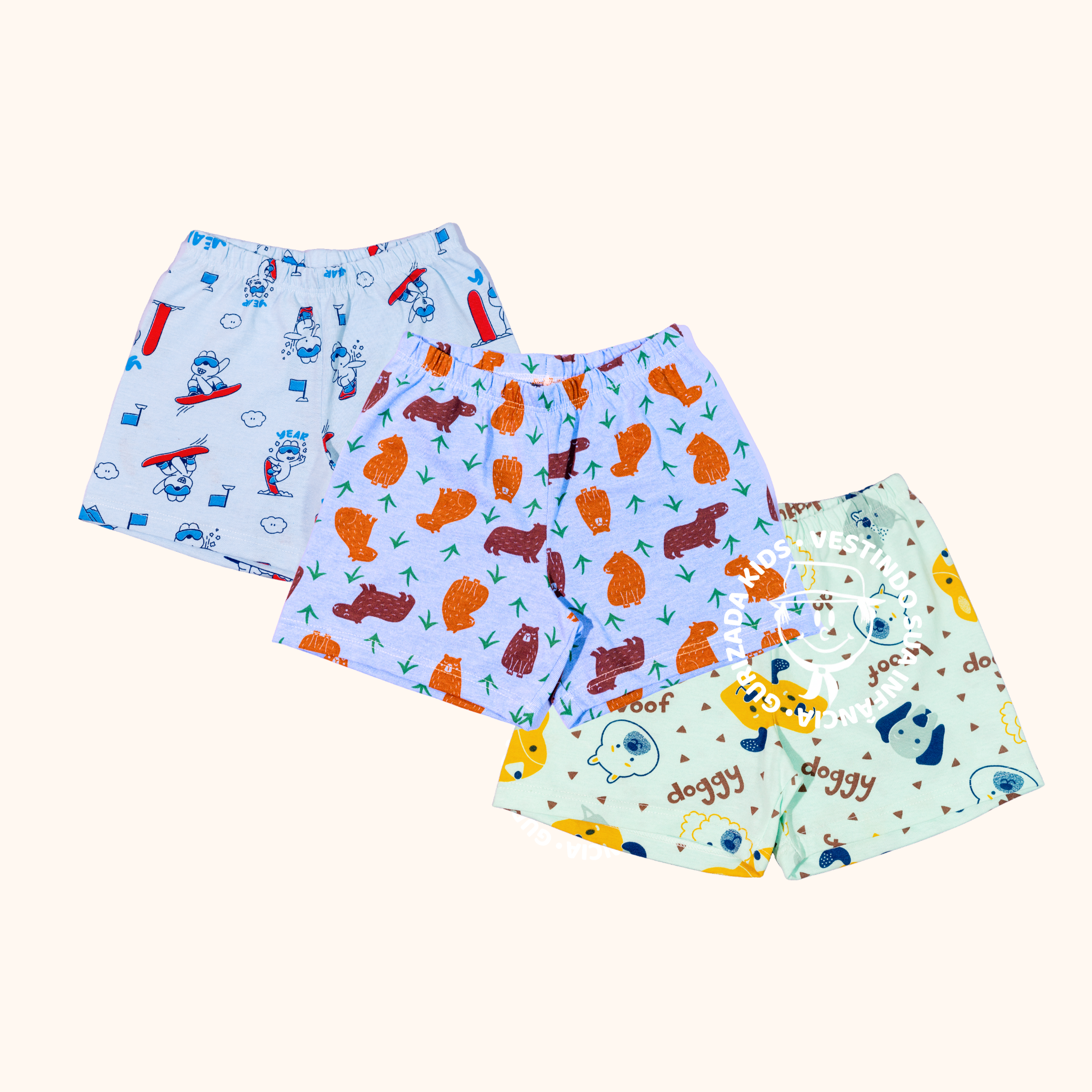Kit 3 Shorts Bebê Estampado Meia Malha - 1 ao 3 - Cores/Estampas Diversas