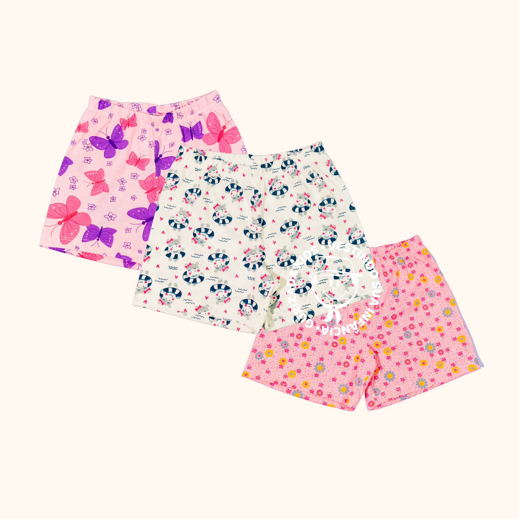 Kit 3 Shorts Bebê Estampado Meia Malha - 1 ao 3 - Cores/Estampas Diversas