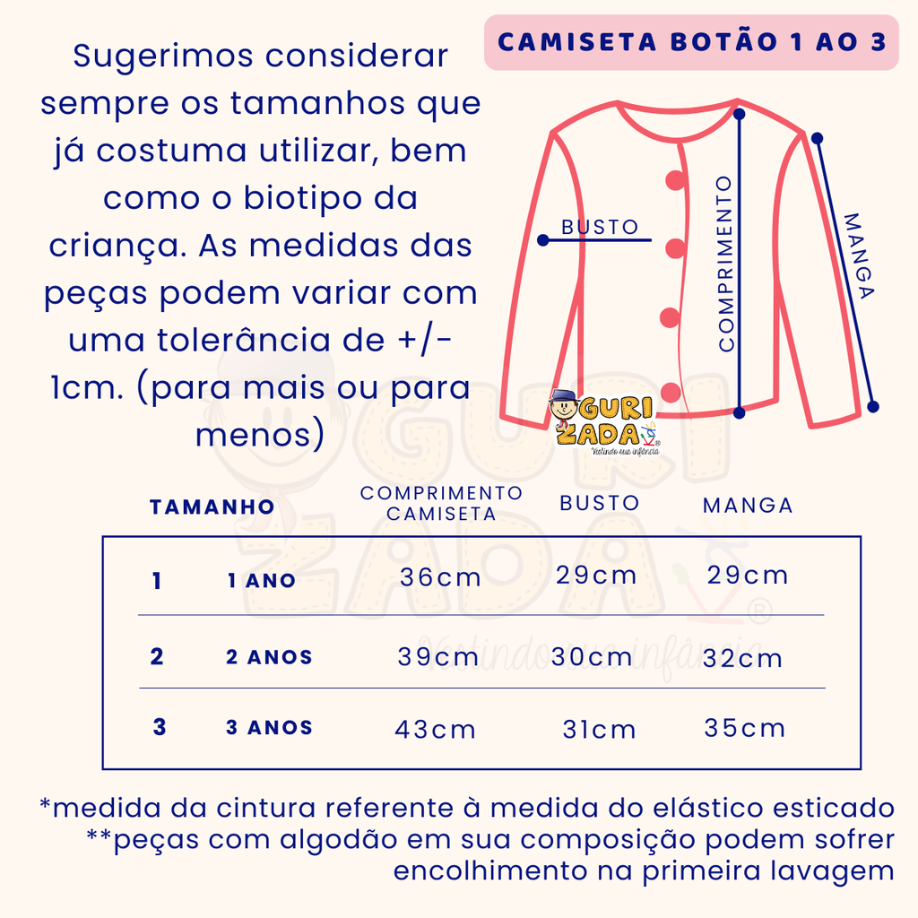 Kit 3 Peças - Camiseta Manga Longa em Meia Malha com Botões - 1 ao 3 - Cores/Estampas Sortidas