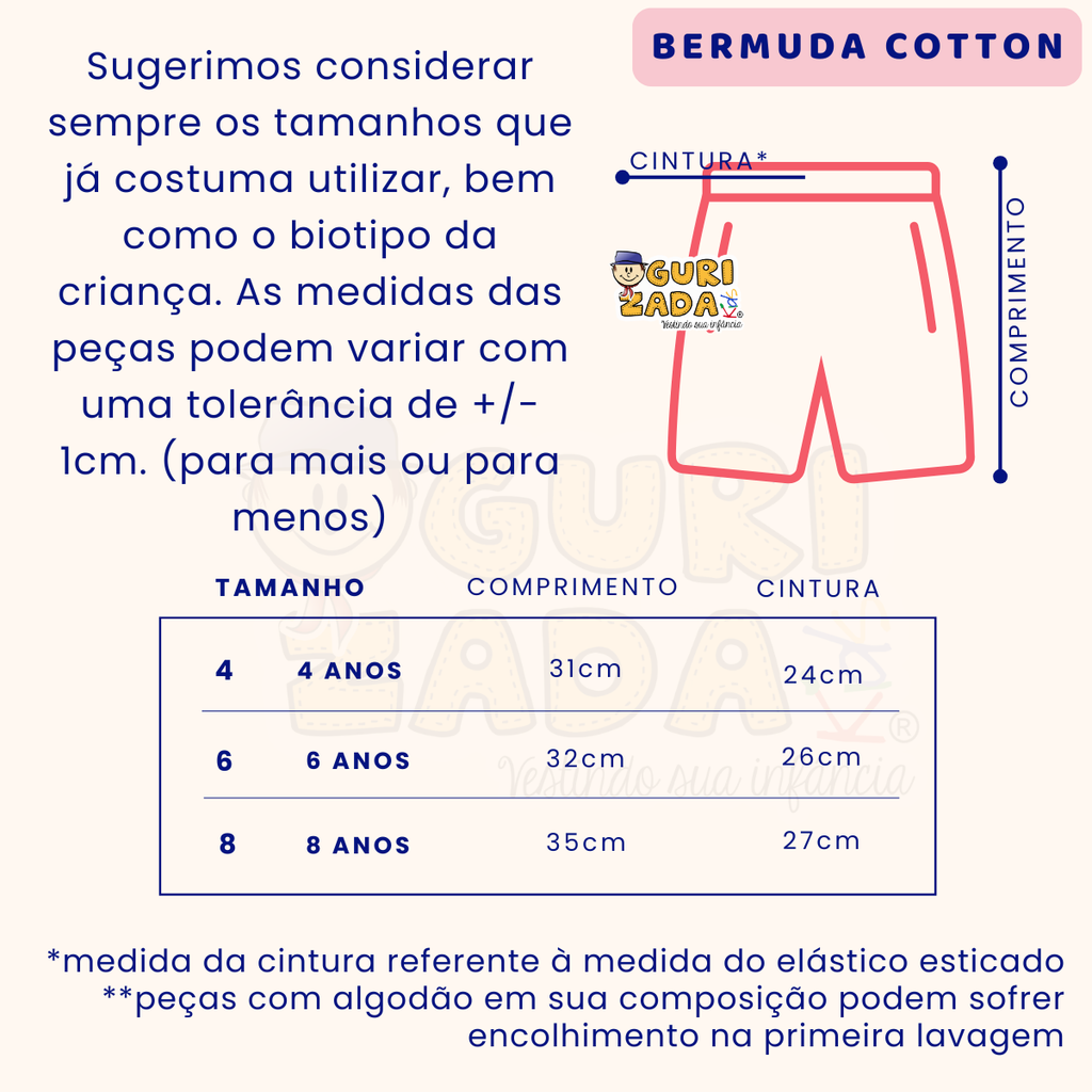 Kit 3 Peças Bermuda Infantil – Cotton - 4 ao 8 - Cores Sortidas