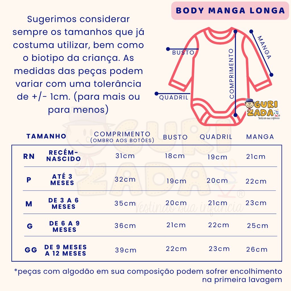 KIt 3 Peças - Body Baby Em Suedine Manga Longa Com Estampa Frontal - RN ao GG - Estampas Sortidas Body e Macacões