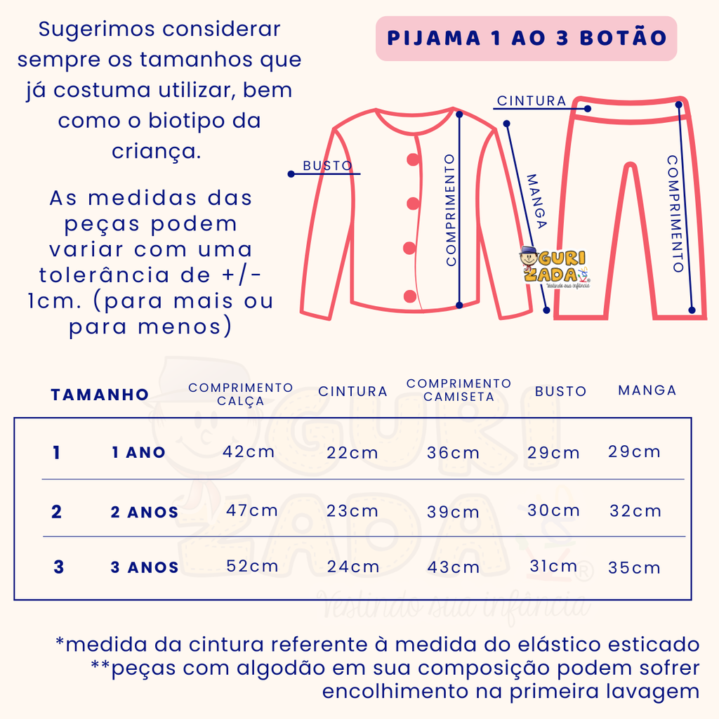 Pijama Infantil Malha Manga Longa com Botões - 1 ao 3 - Cores/Estampas Sortidas