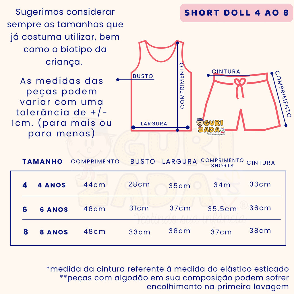 Short Doll Infantil Malha Estampada - 4 ao 8 - Estampas/Cores Sortidas