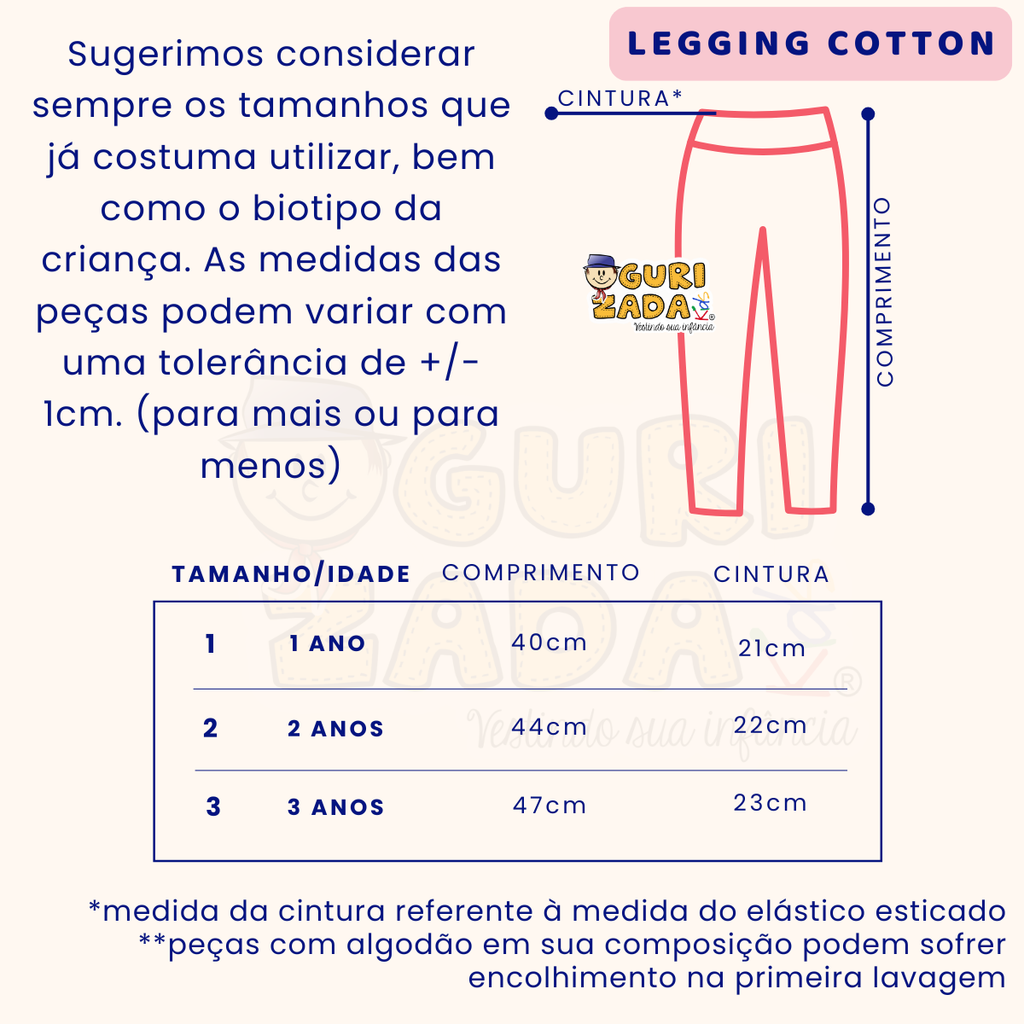 Kit 3 Peças Legging Infantil – Cotton - 1 ao 3 - Cores Sortidas
