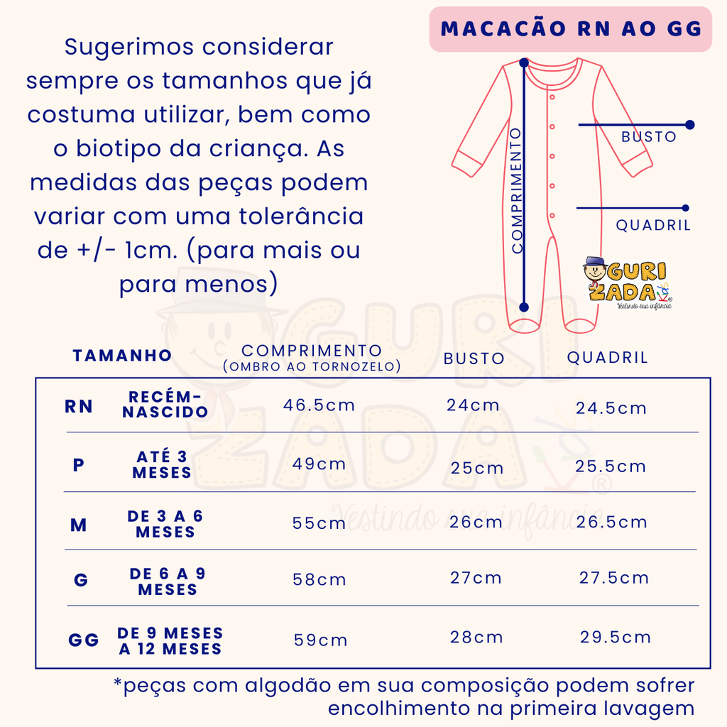 Macacão com Pé Anatômico em Suedine – RN ao GG - Estampas/Cores Sortidas