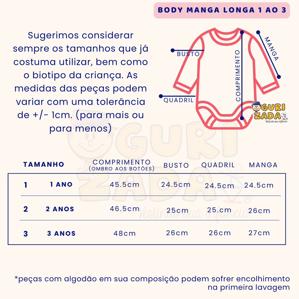 Kit 3 Peças, Body Suedine Manga Longa, 1 ao 3 - Cores Sortidas