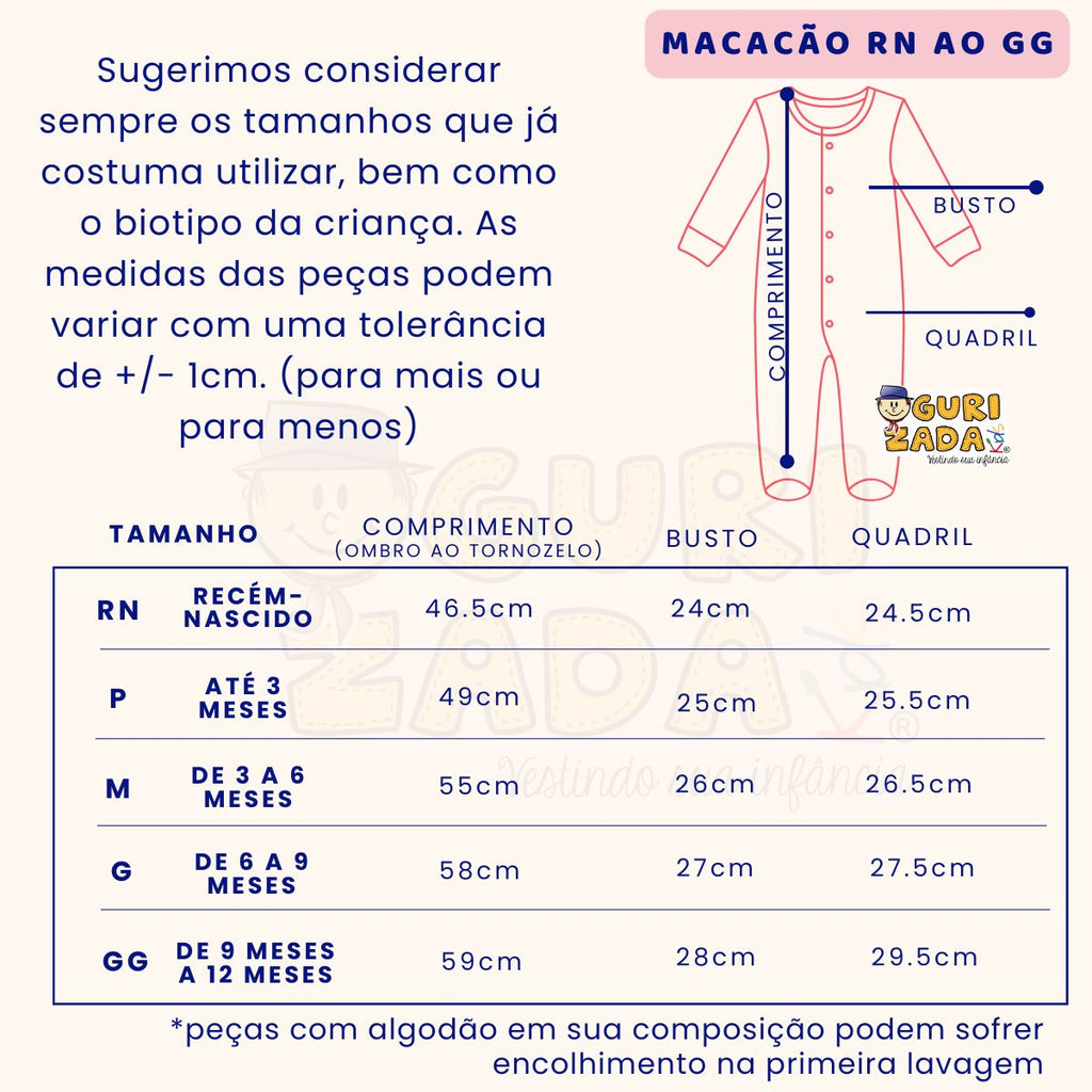 Macacão Baby Em Suedine Estampado Sem Pé - RN ao GG - Estampas Sortidas