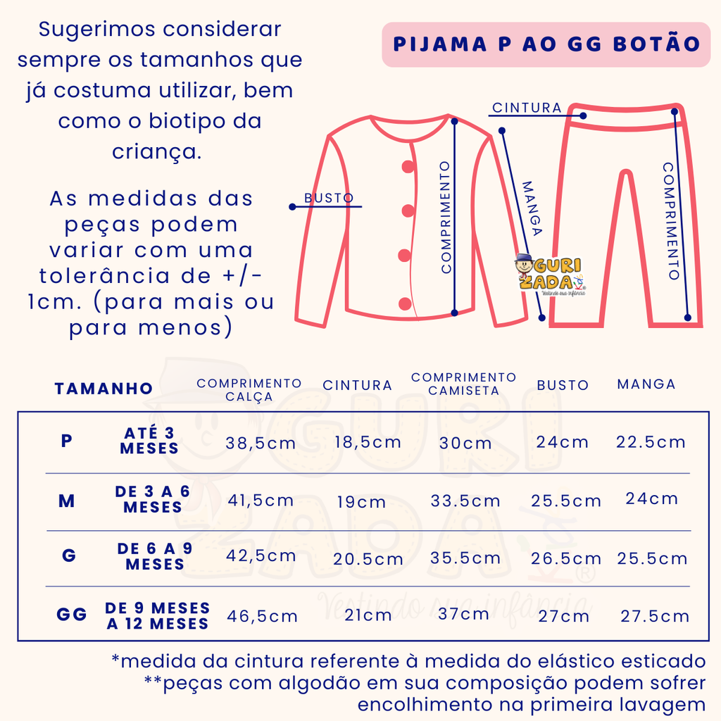 Pijama Baby Malha Estampada Com Botões - P ao GG - Cores/Estampas Sortidas