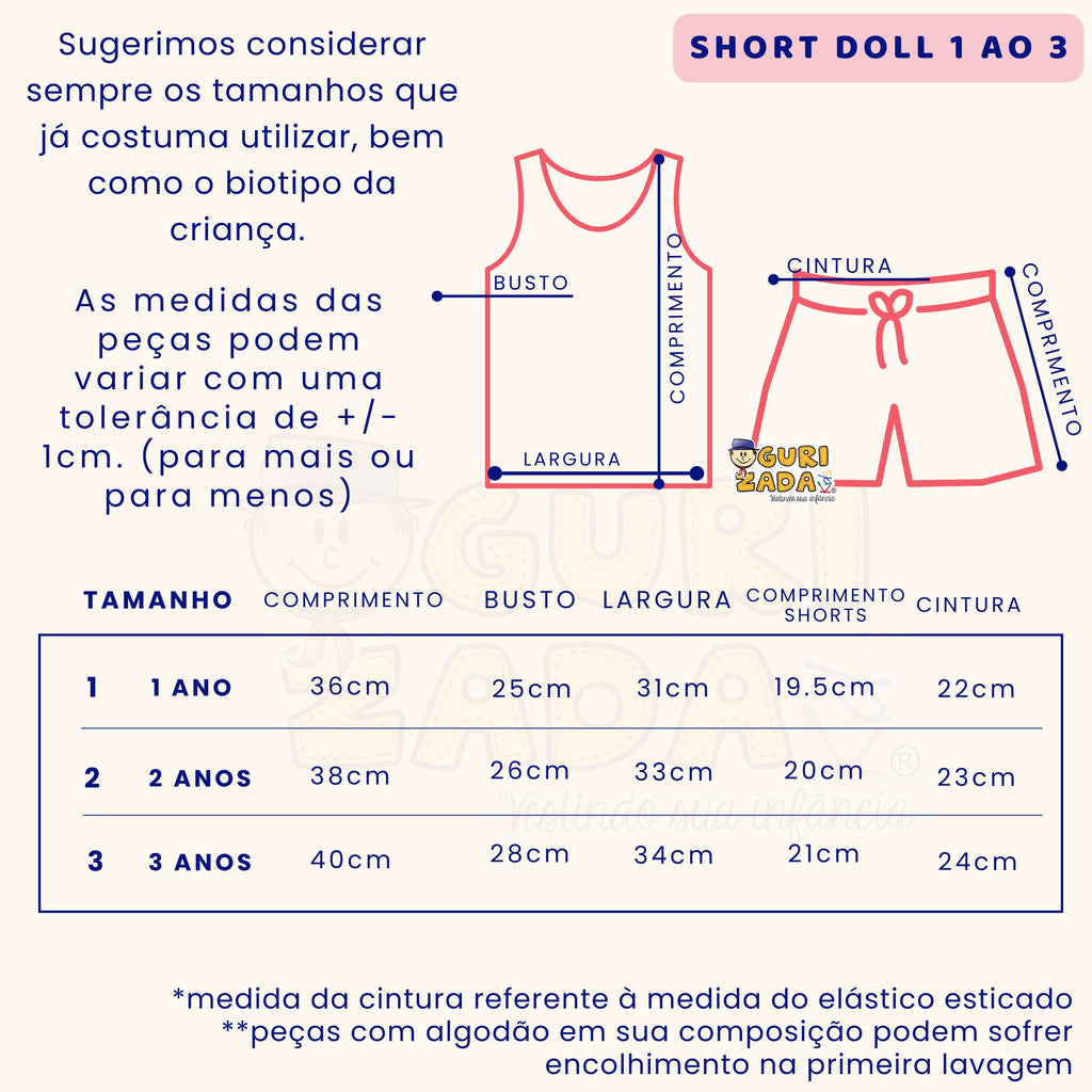 Short Doll Infantil Com Estampa Frontal - 1 ao 3 - Estampas e Cores Sortidas