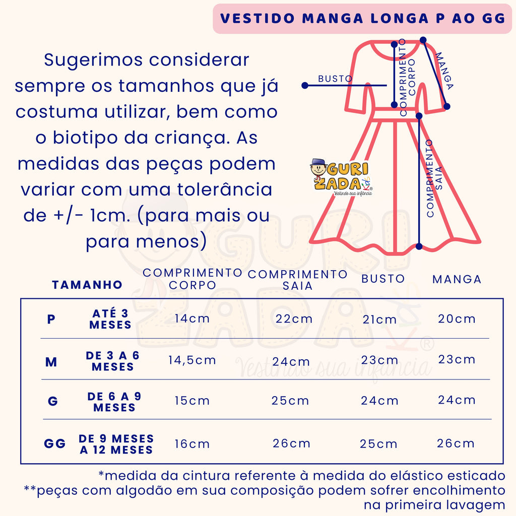 Vestido Infantil Manga Longa em Malha Estampada, P ao GG - Estampas/Cores Sortidas