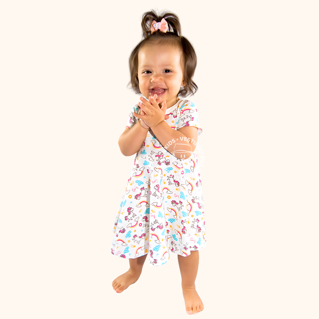 Vestido Infantil Manga Curta em Malha Estampada, P ao GG - Estampas/Cores Sortidas